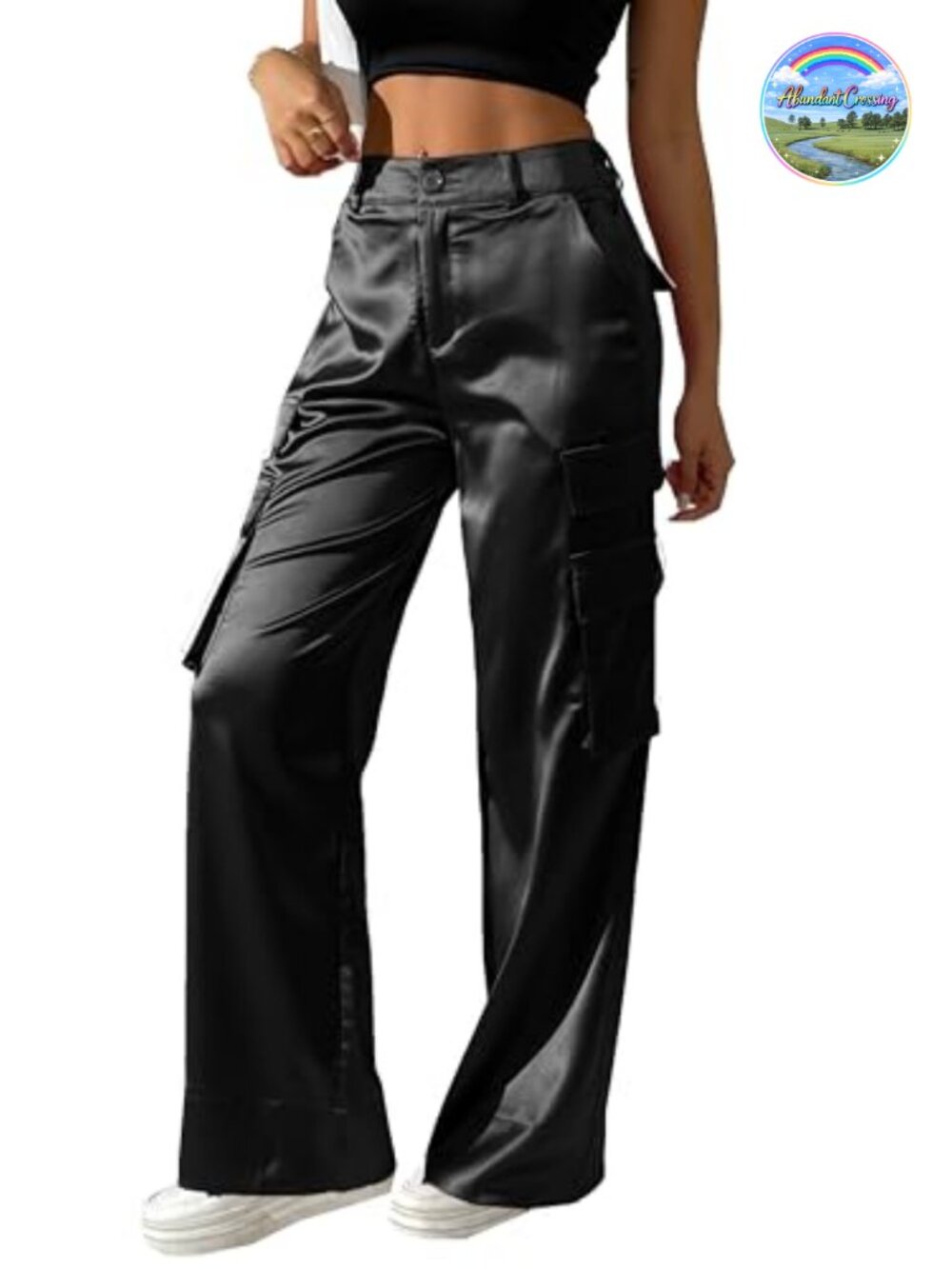 Satin Cargo Wide Leg Pants High Waist Pockets Party Dressy Casual Long Trousers